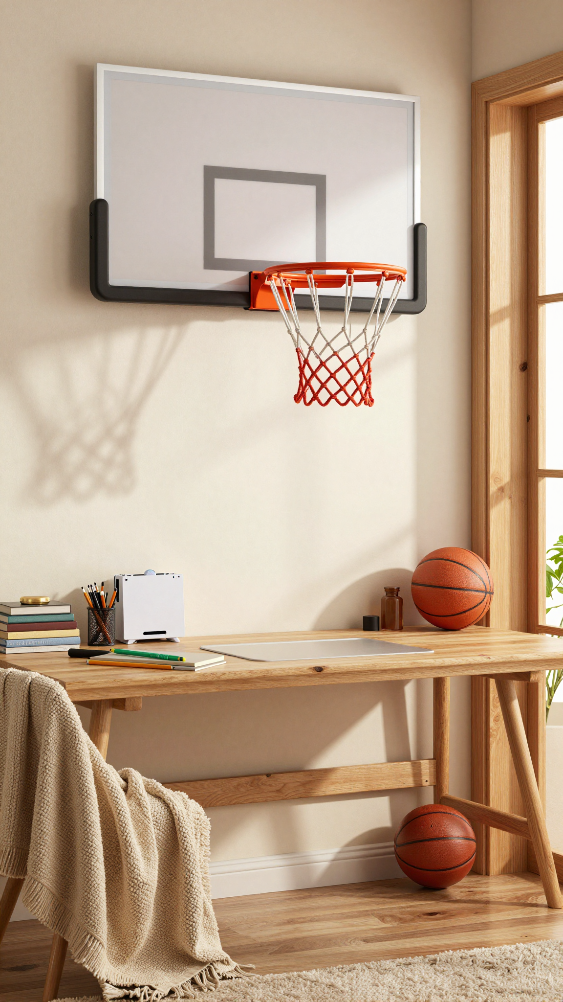 Wall-mounted basketball hoop above a desk with school supplies and a mini basketball