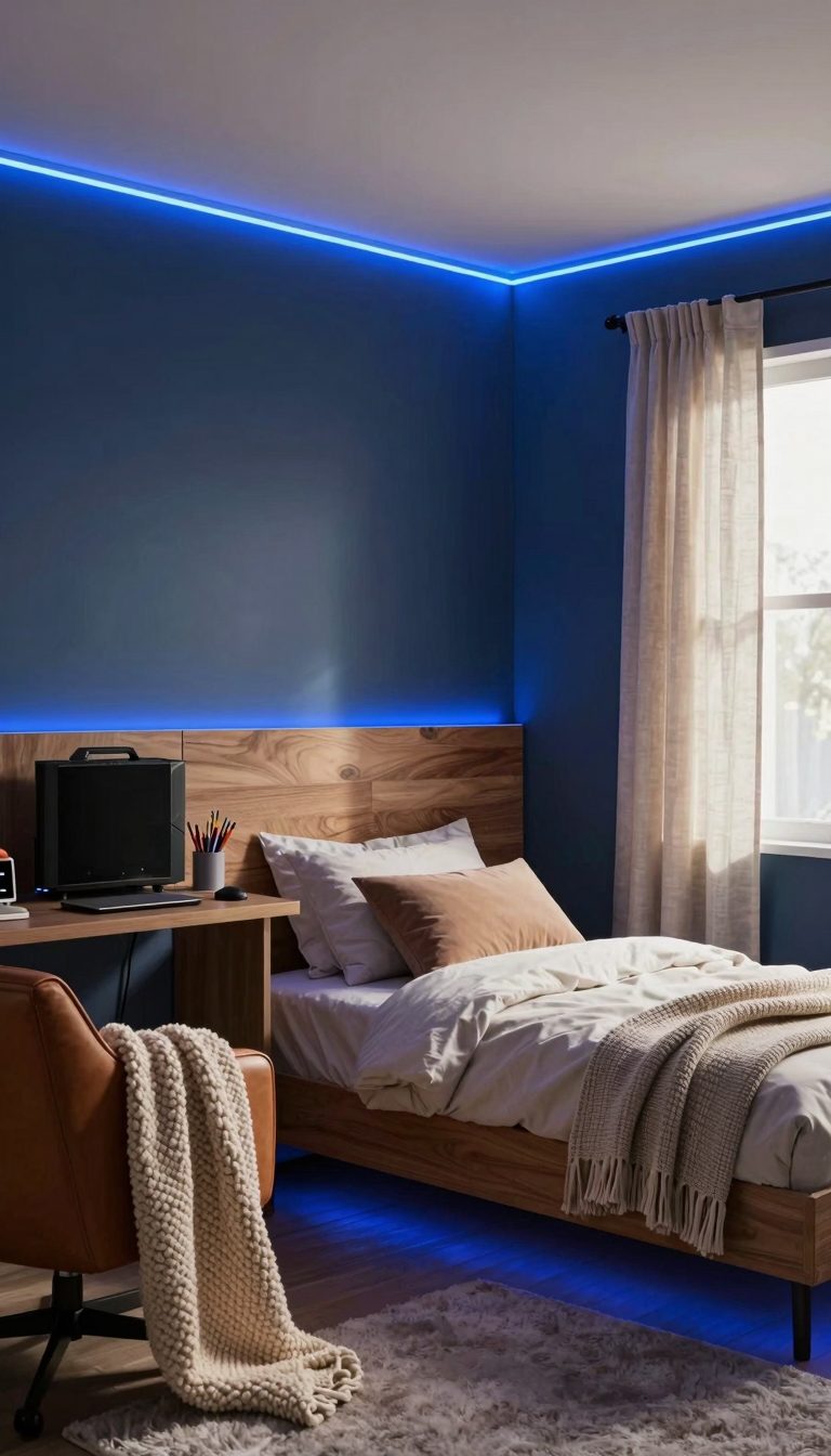 Preteen bedroom with LED strip lights behind headboard and under bed in deep blue