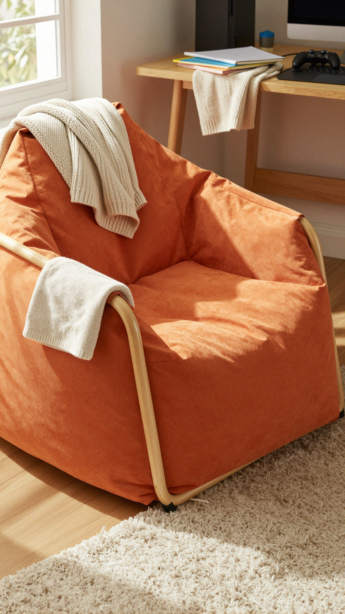 Foldable bean bag chair in bright orange next to a desk with gaming console