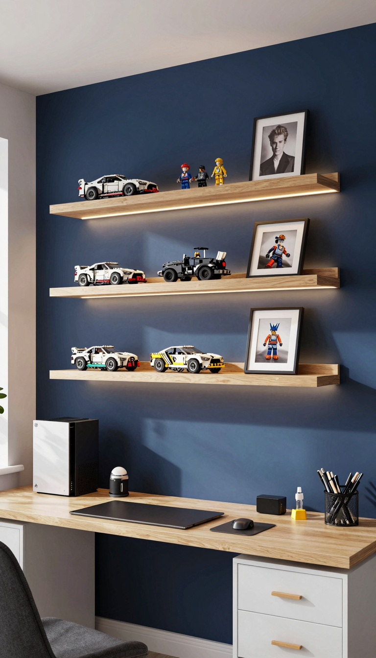Floating shelves with LED lighting displaying LEGO sets and action figures