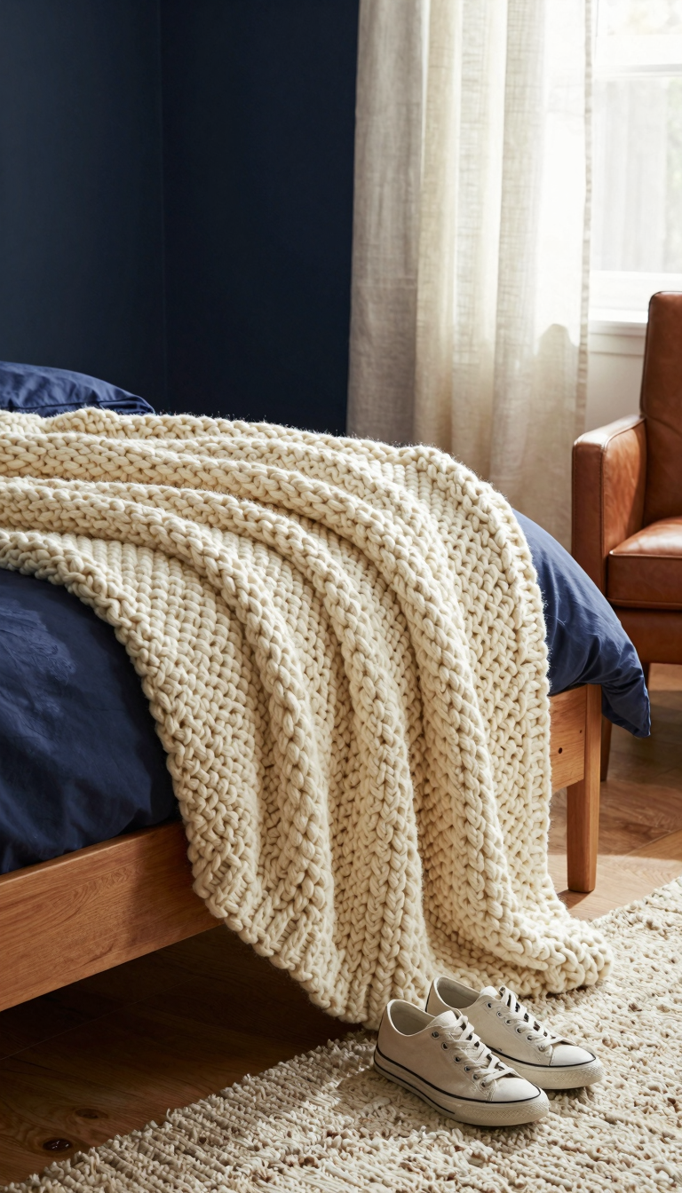 Chunky knit throw blanket draped over a twin bed with navy blue bedding