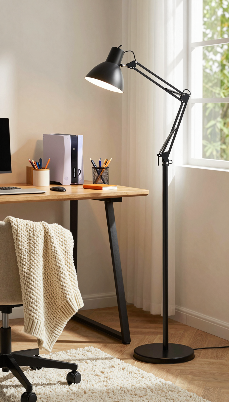 Adjustable floor lamp with USB ports next to a desk with school supplies