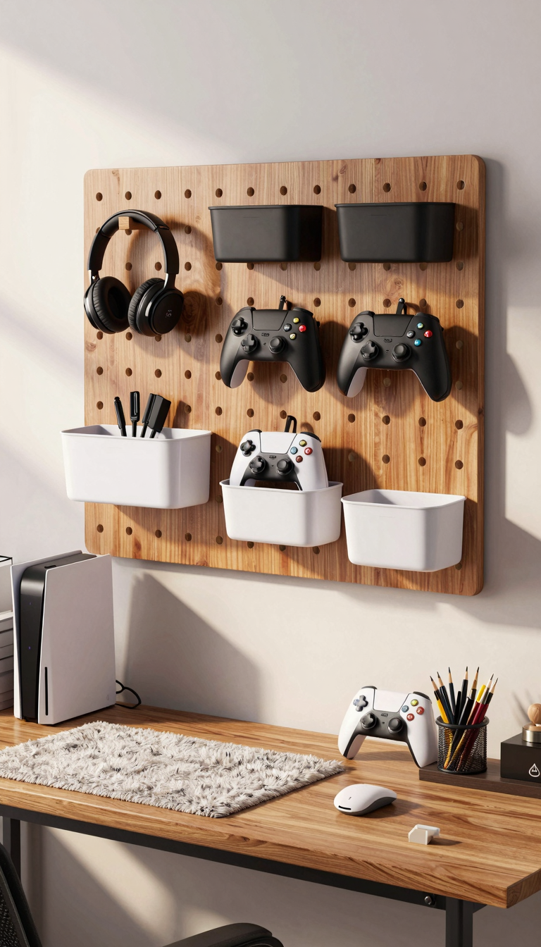 Pegboard organizer wall system above a desk holding headphones and gaming controllers