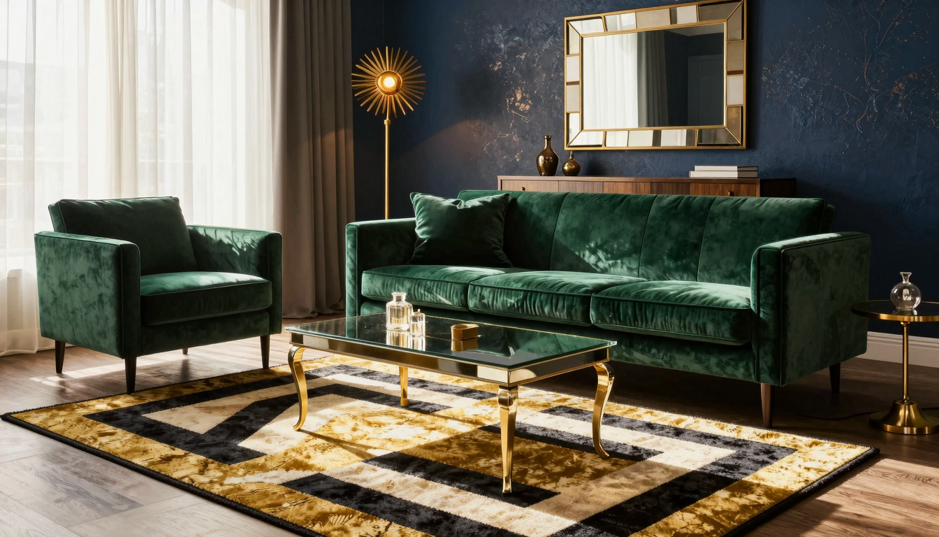 A glamorous art deco living room with geometric patterns, brass accents, and velvet furniture, bathed in warm golden light.
