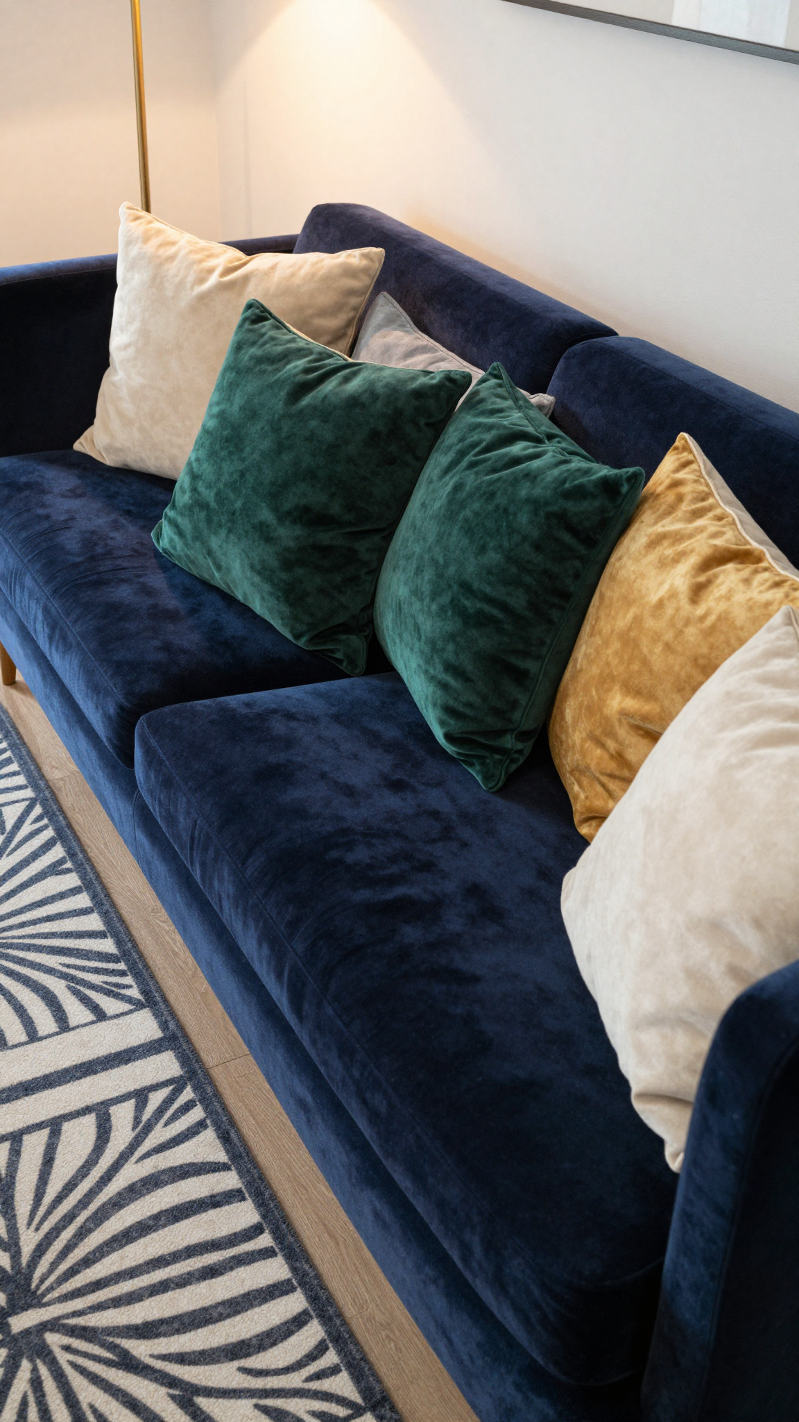 A velvet sofa with a set of velvet throw pillows in emerald green, gold, and cream, placed on a geometric patterned rug.