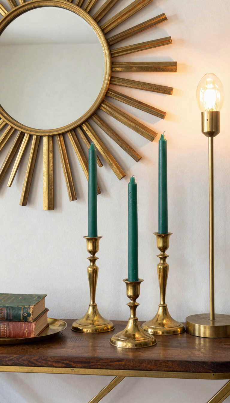 A console table with a pair of tall and short brass candlesticks holding tapered candles in emerald green.