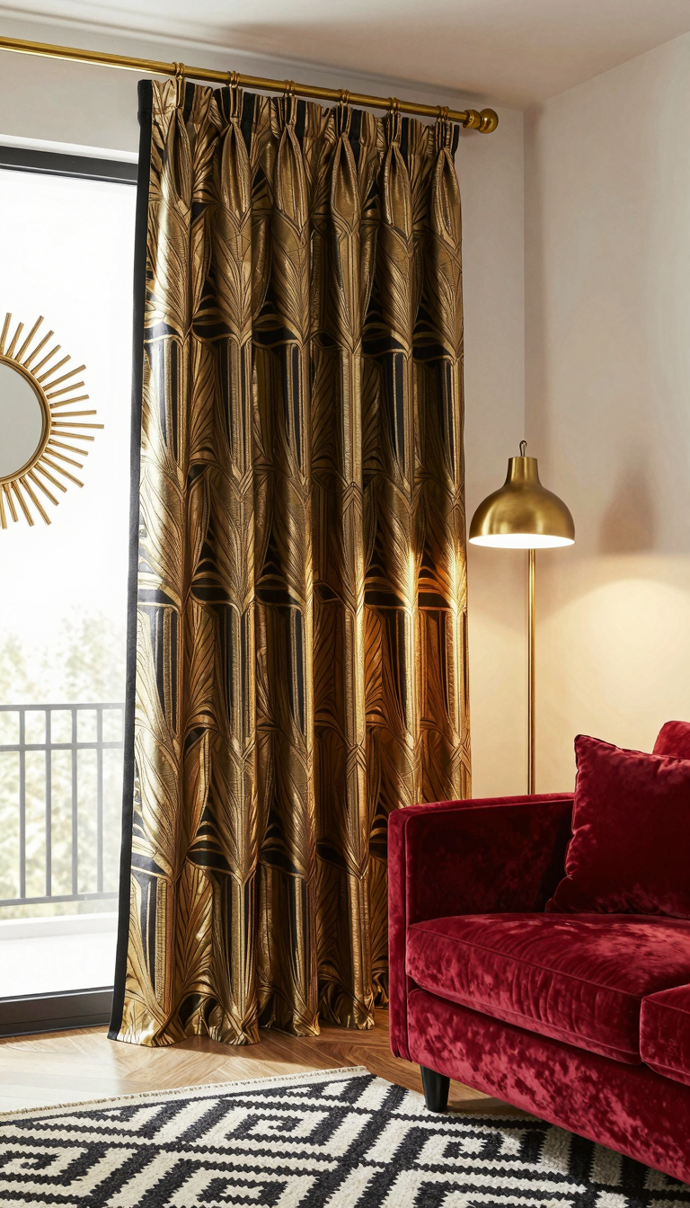 A living room with floor-to-ceiling art deco-inspired curtains in black and gold, paired with a velvet sofa and brass floor lamp.