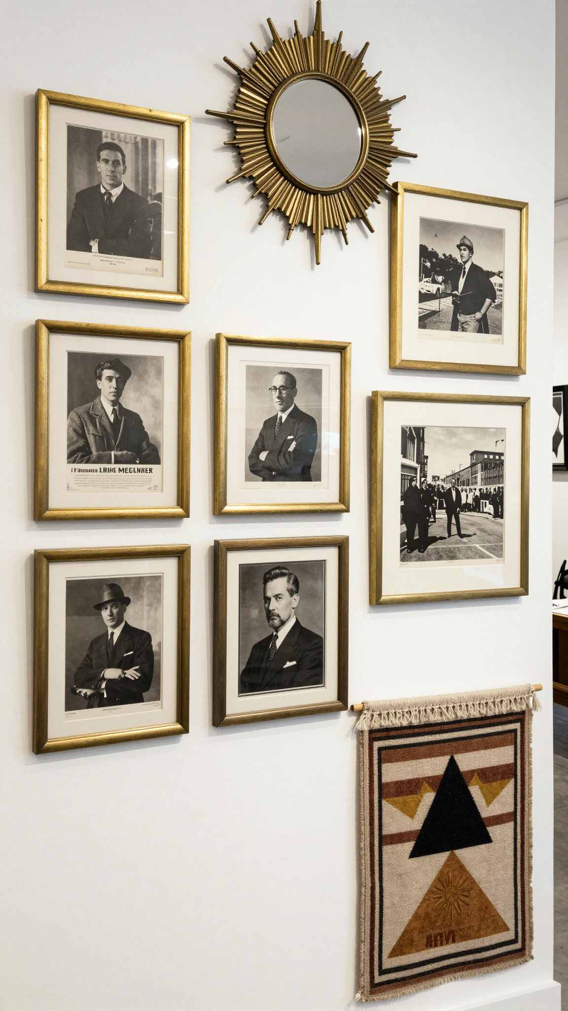 A gallery wall with six brass picture frames holding vintage posters and black-and-white photography.