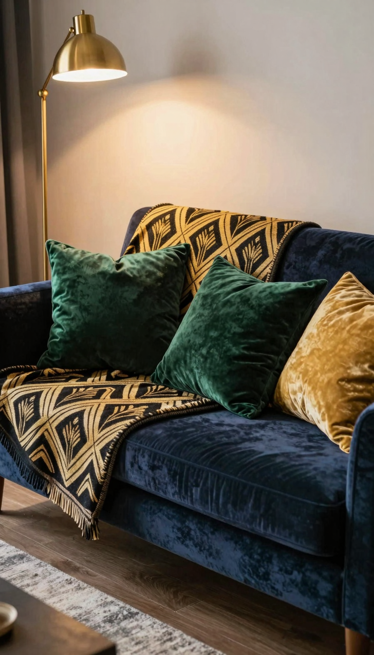 A velvet sofa with an art deco-inspired throw blanket draped over the back, featuring a bold geometric pattern in black and gold.