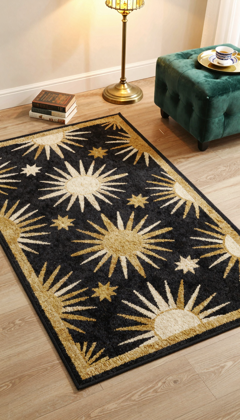 A geometric patterned rug with sunburst and stepped motifs in black, gold, and cream, placed under a brass floor lamp.