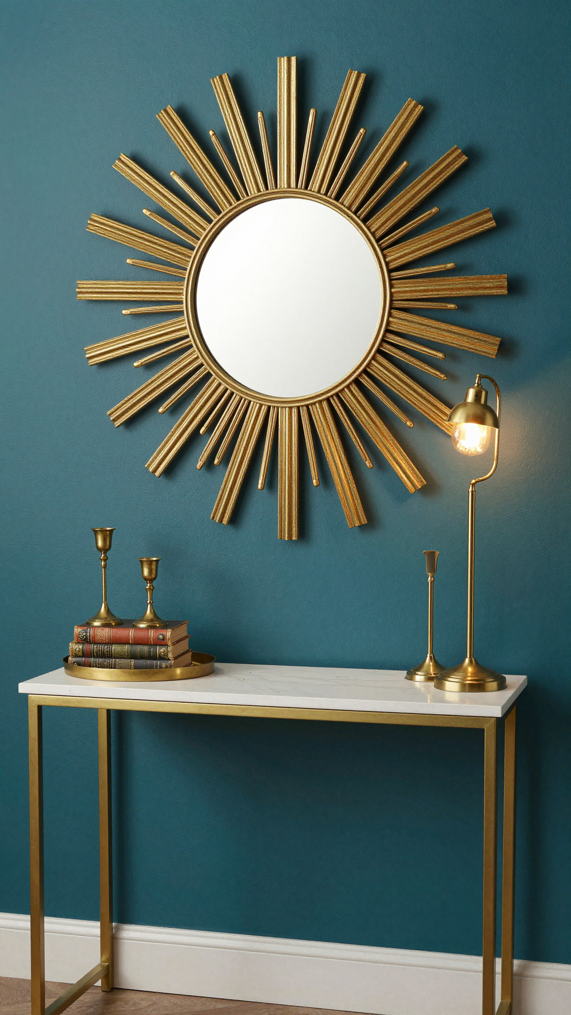 A gold sunburst mirror hanging above a console table with brass accents and vintage books.