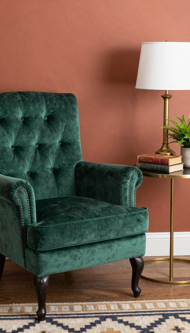 A tufted velvet armchair in emerald green with cabriole legs, placed in a corner with a brass side table and lamp.