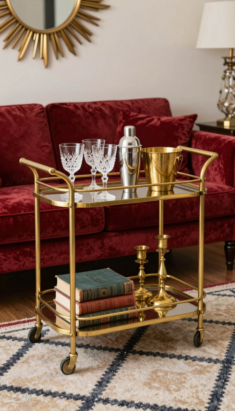 A brass bar cart with two tiers, holding etched glassware and a vintage cocktail shaker, placed on a geometric patterned rug.
