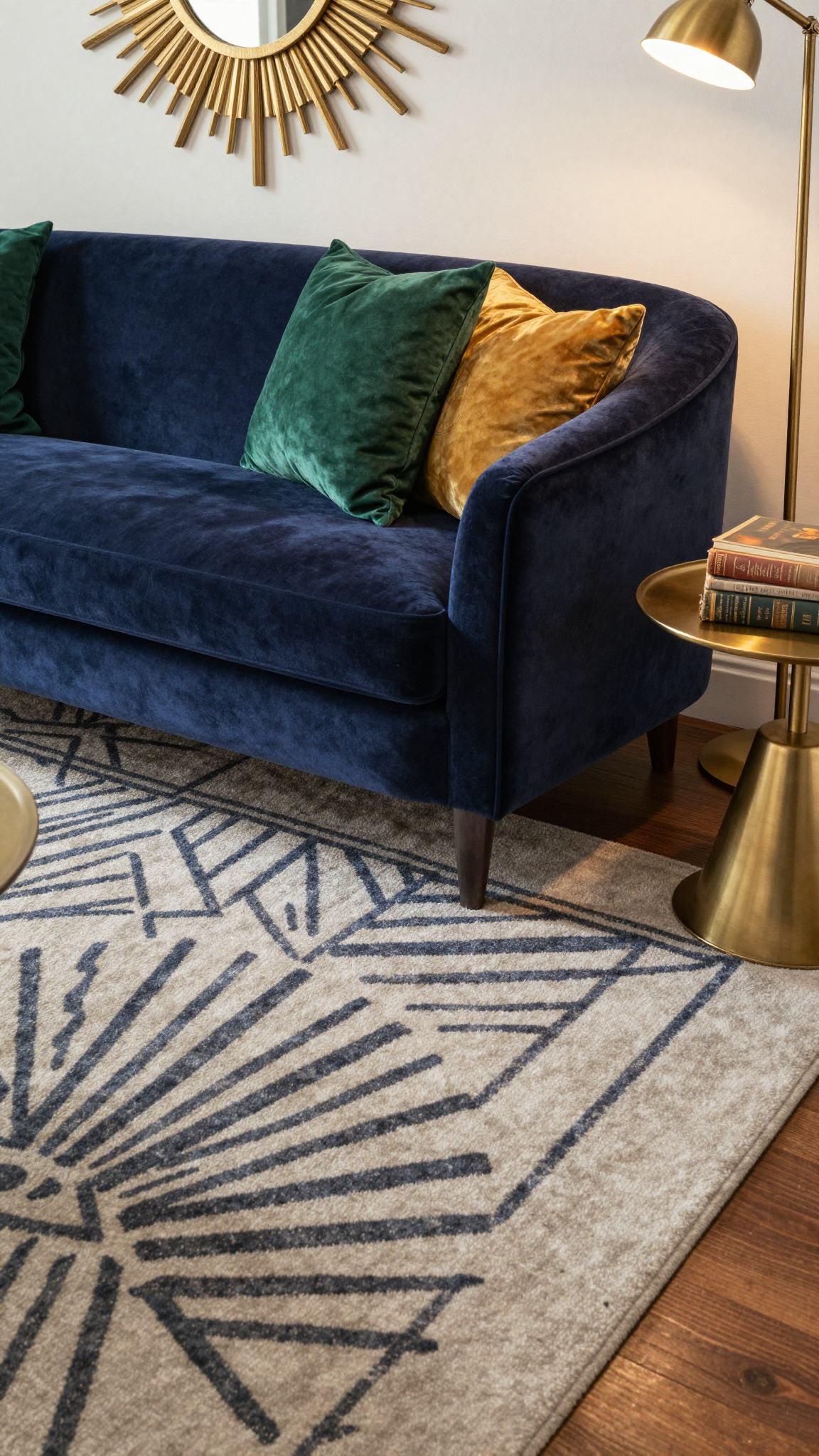 A curved sofa in navy velvet with throw pillows in emerald green and gold, placed on a geometric patterned rug.