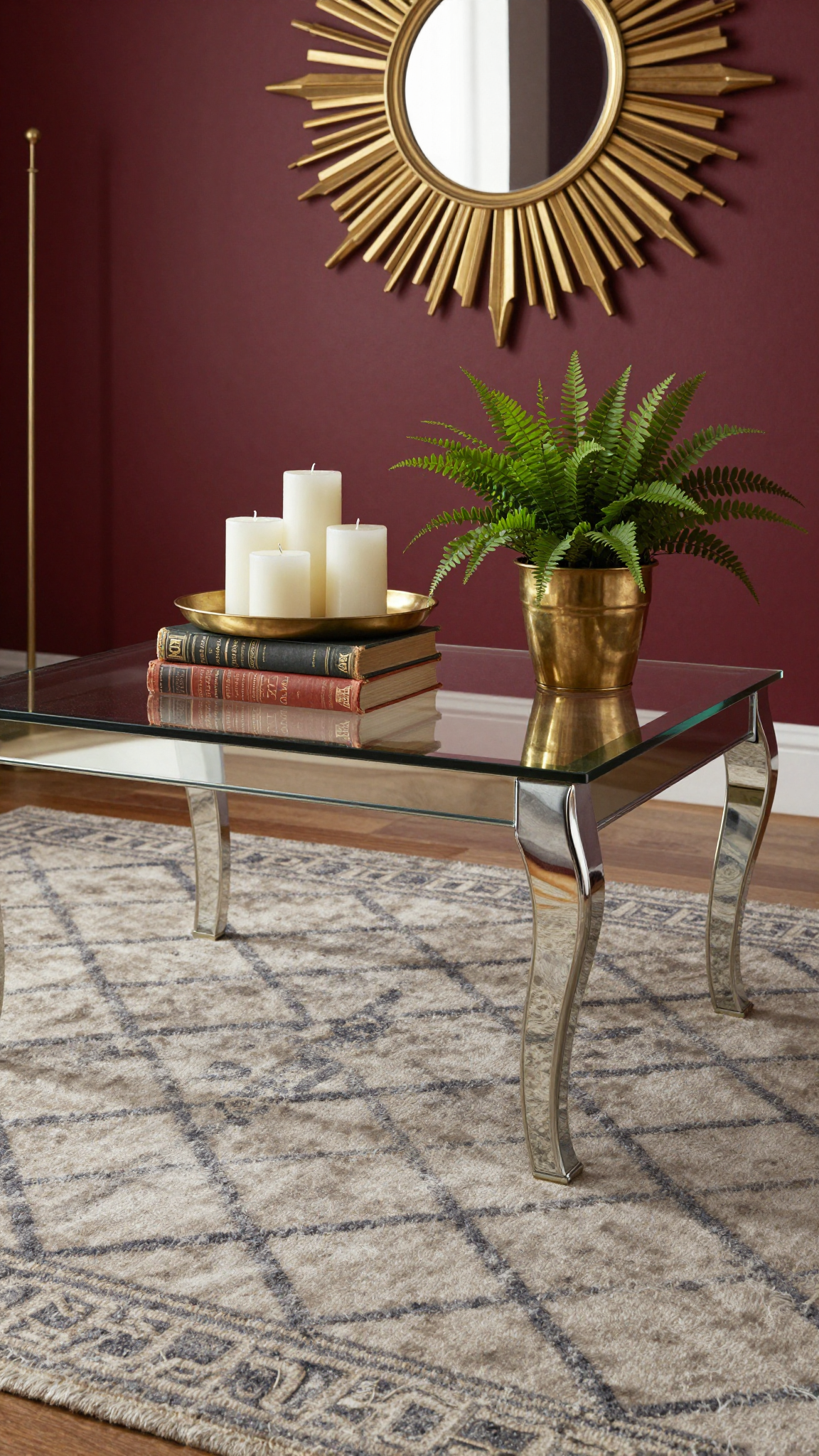 A mirrored coffee table with curved legs, holding a stack of vintage books and a brass tray with candles.