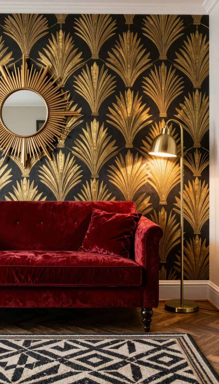 A living room with a geometric patterned rug and a sunburst mirror, featuring black-and-gold art deco wallpaper on the wall.