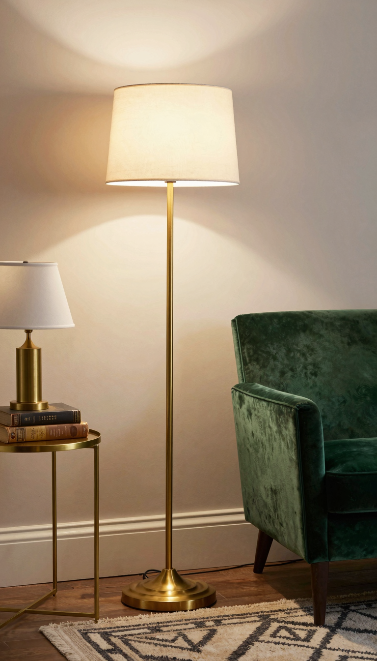 A brass floor lamp with a stepped base and a drum shade, casting a warm glow on a velvet armchair and geometric patterned rug.