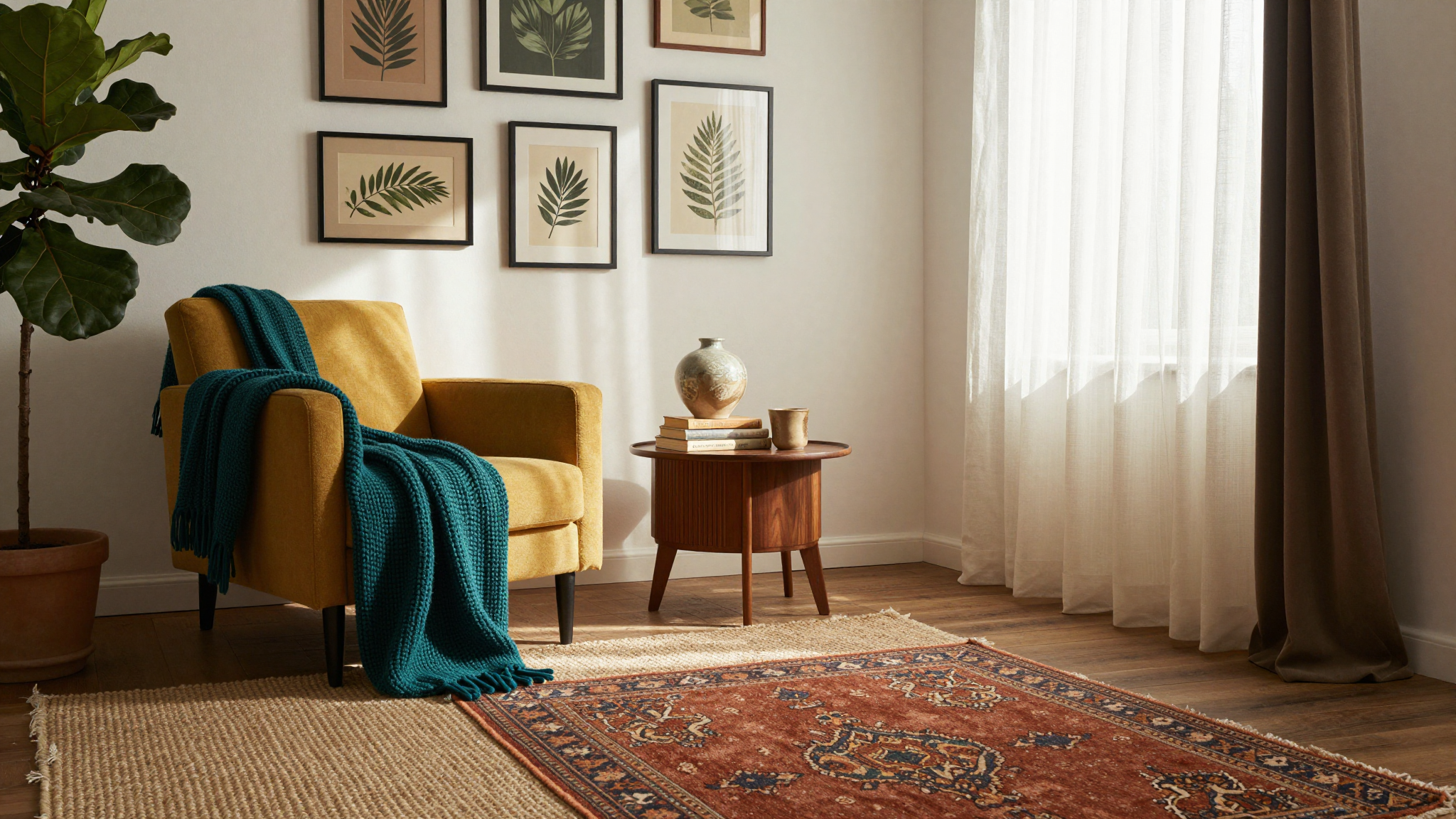 Cozy eclectic living room with vintage rug, mustard armchair, gallery wall, and warm lighting