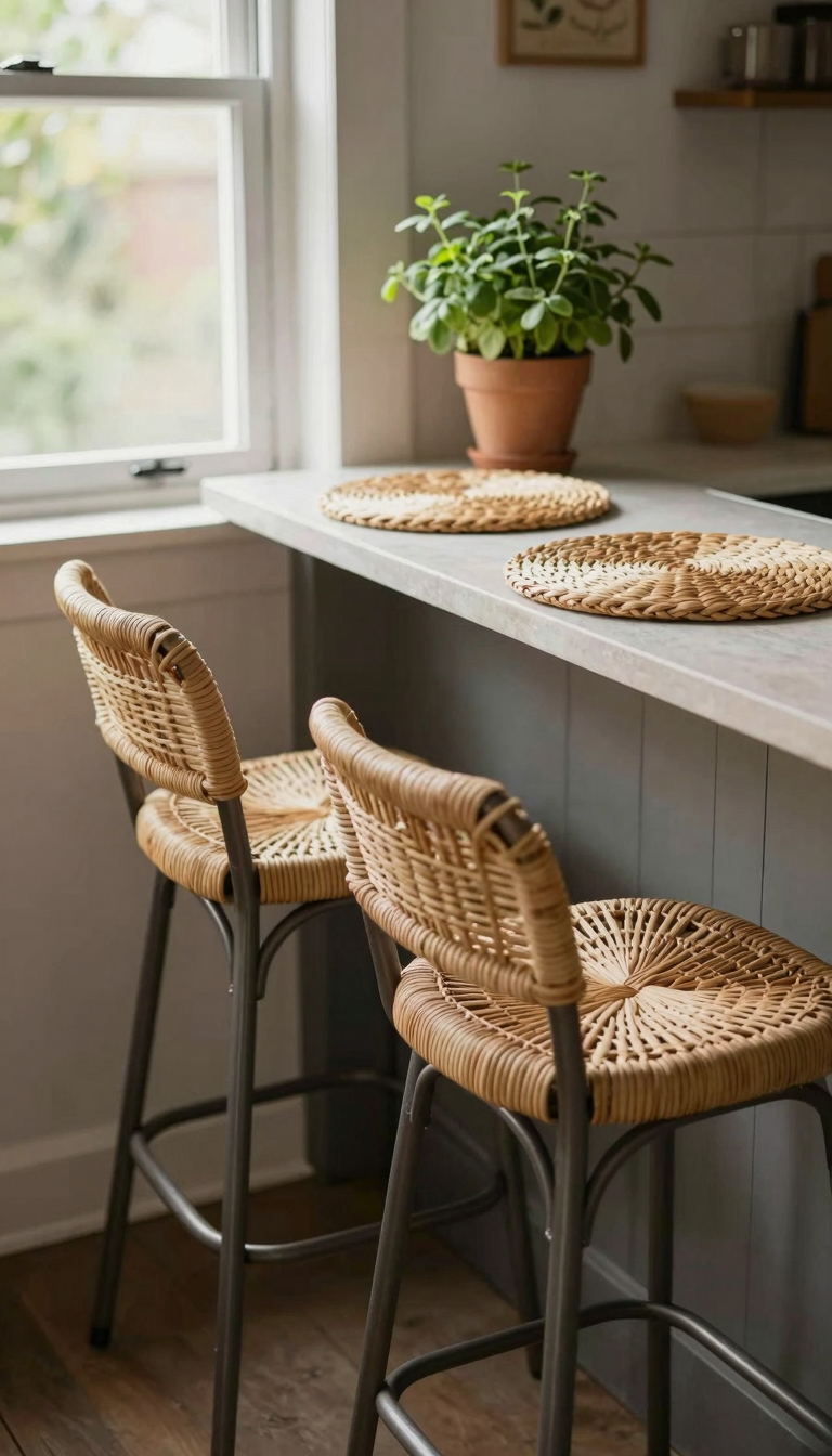 Woven bar stools in rattan and metal at a small kitchen counter with woven placemats