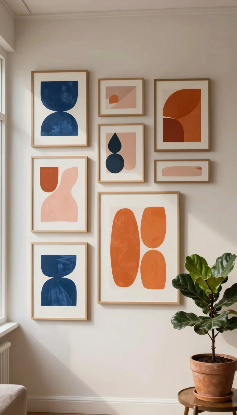 Gallery wall with abstract art prints in geometric and organic shapes