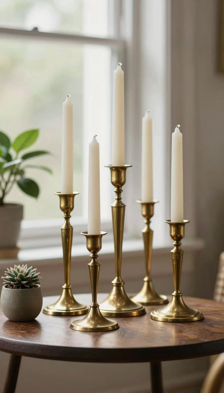 Set of brass candlesticks holding taper candles on a side table