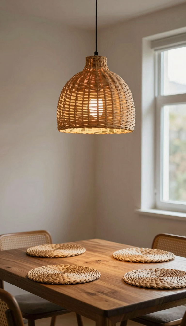 Woven pendant light in rattan hanging from the ceiling in a cozy dining nook