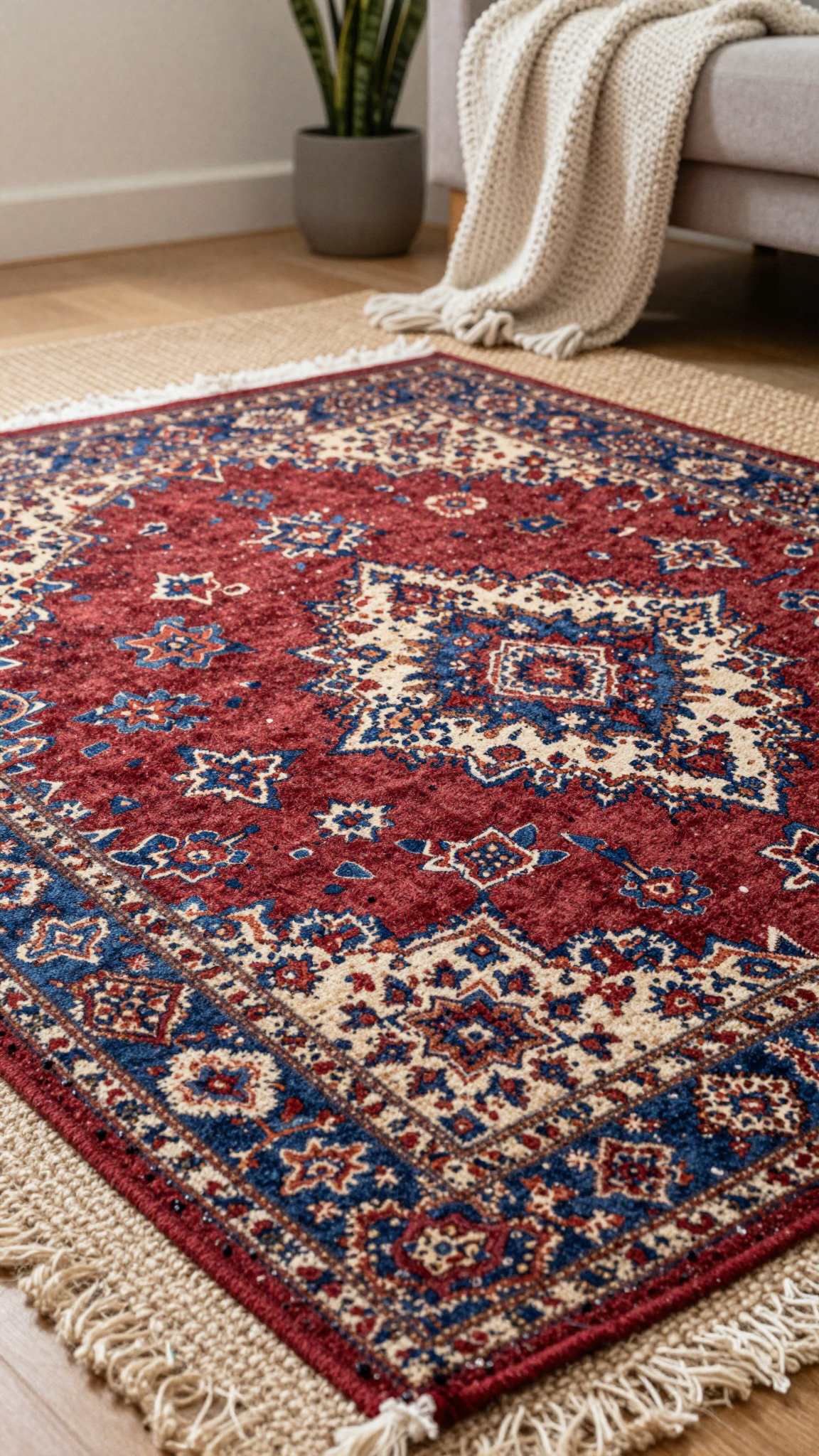 Vintage-inspired rug with Persian pattern layered over jute rug in cozy living room