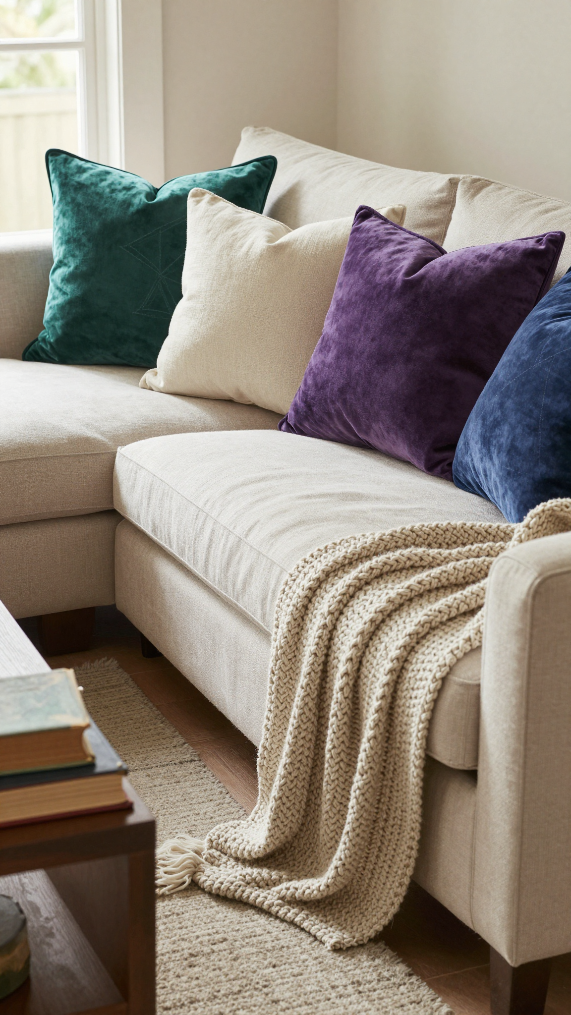 Cozy sectional with mismatched throw pillows in jewel tones and neutral tones