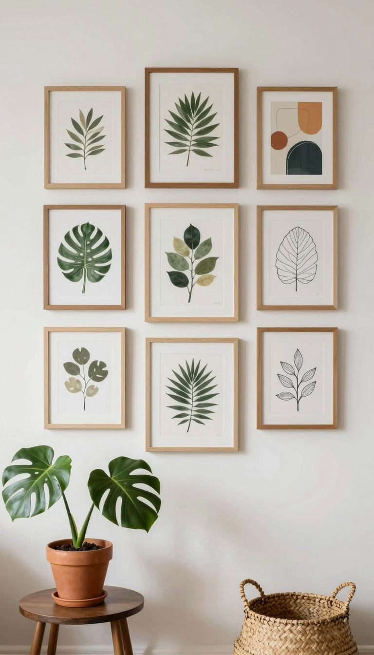 Gallery wall with botanical prints and abstract art in neutral frames