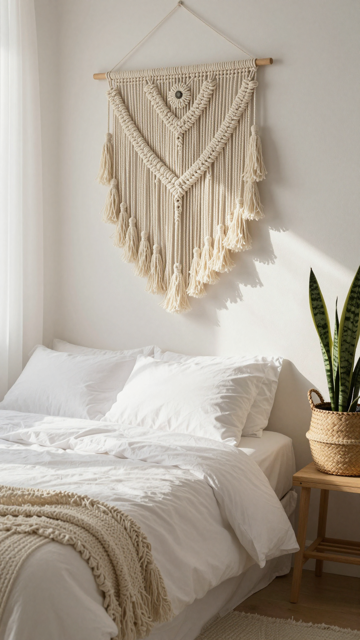 Macramé wall hanging with chunky tassels above a bed with white linens