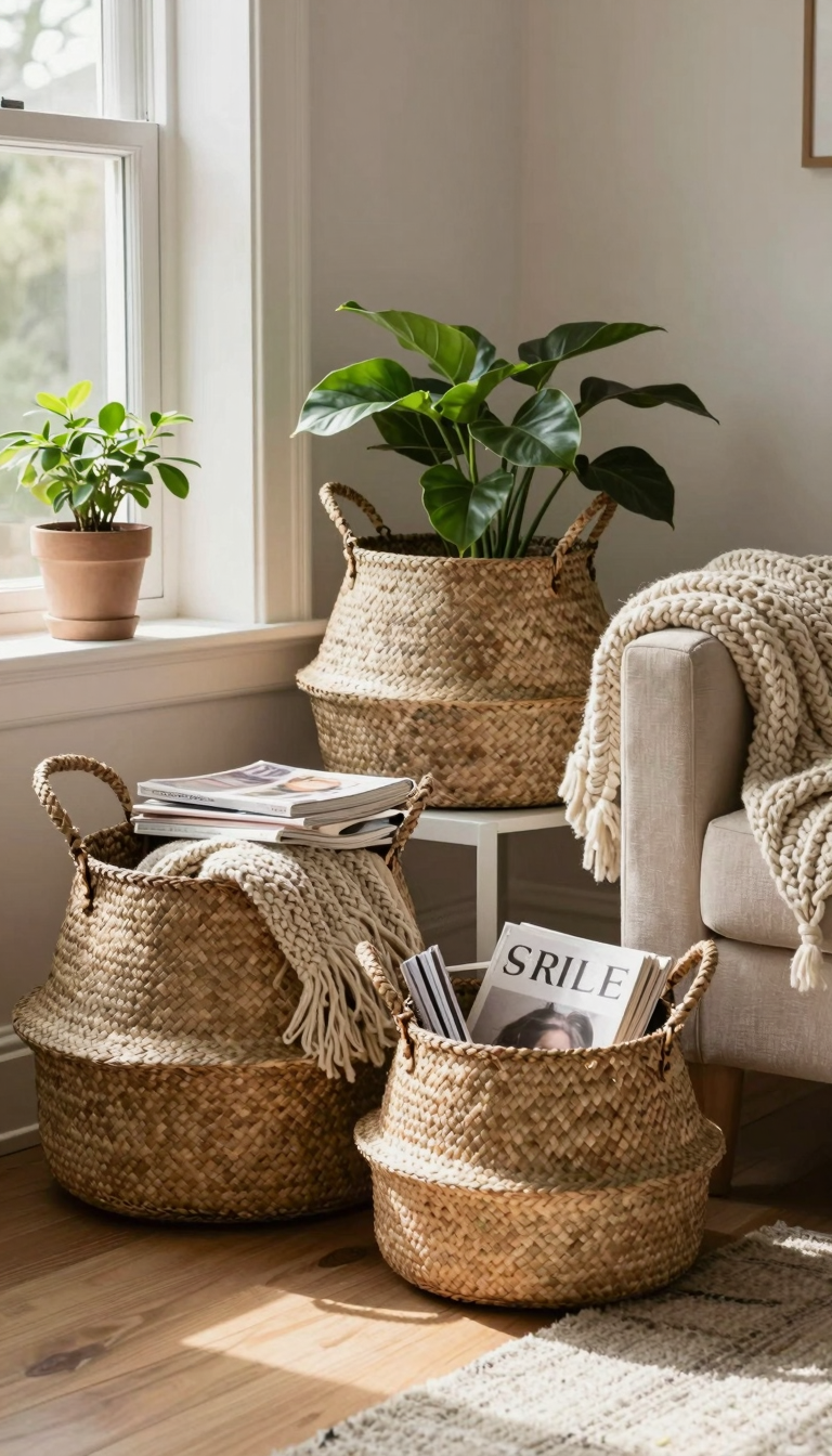 Woven baskets in seagrass, rattan, and jute used for stylish storage in a living room