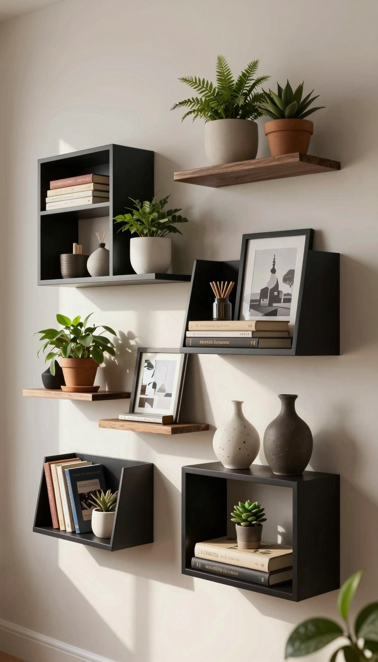 Geometric wall shelves in matte black finish holding books, plants, and decor items