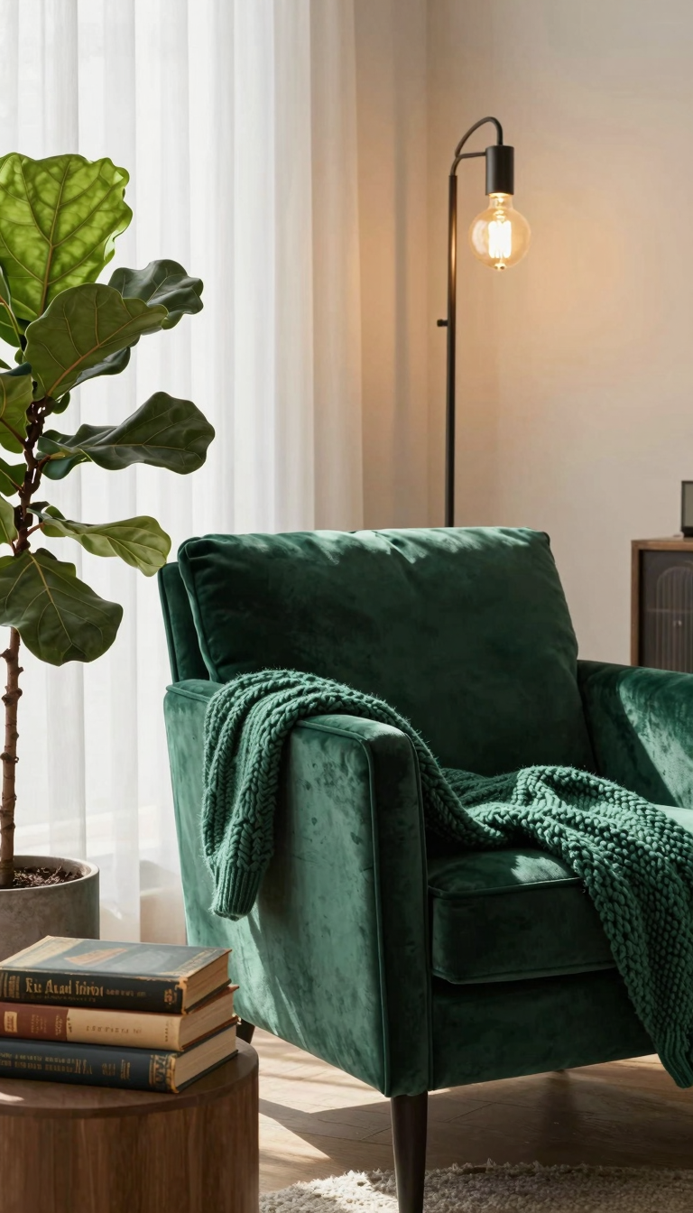 Velvet accent chair in emerald green with chunky knit throw and floor lamp in cozy reading nook