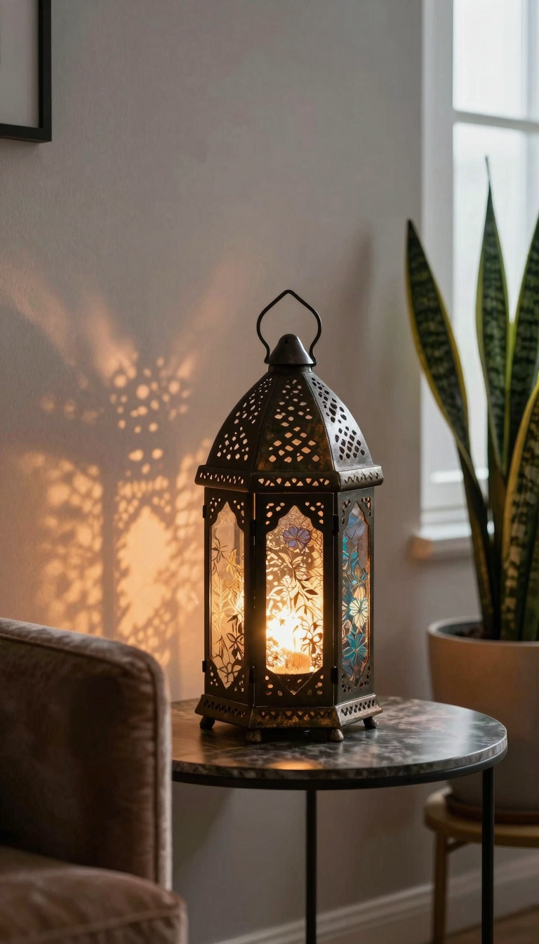 Moroccan lantern with intricate metal cutouts casting dappled light on the wall