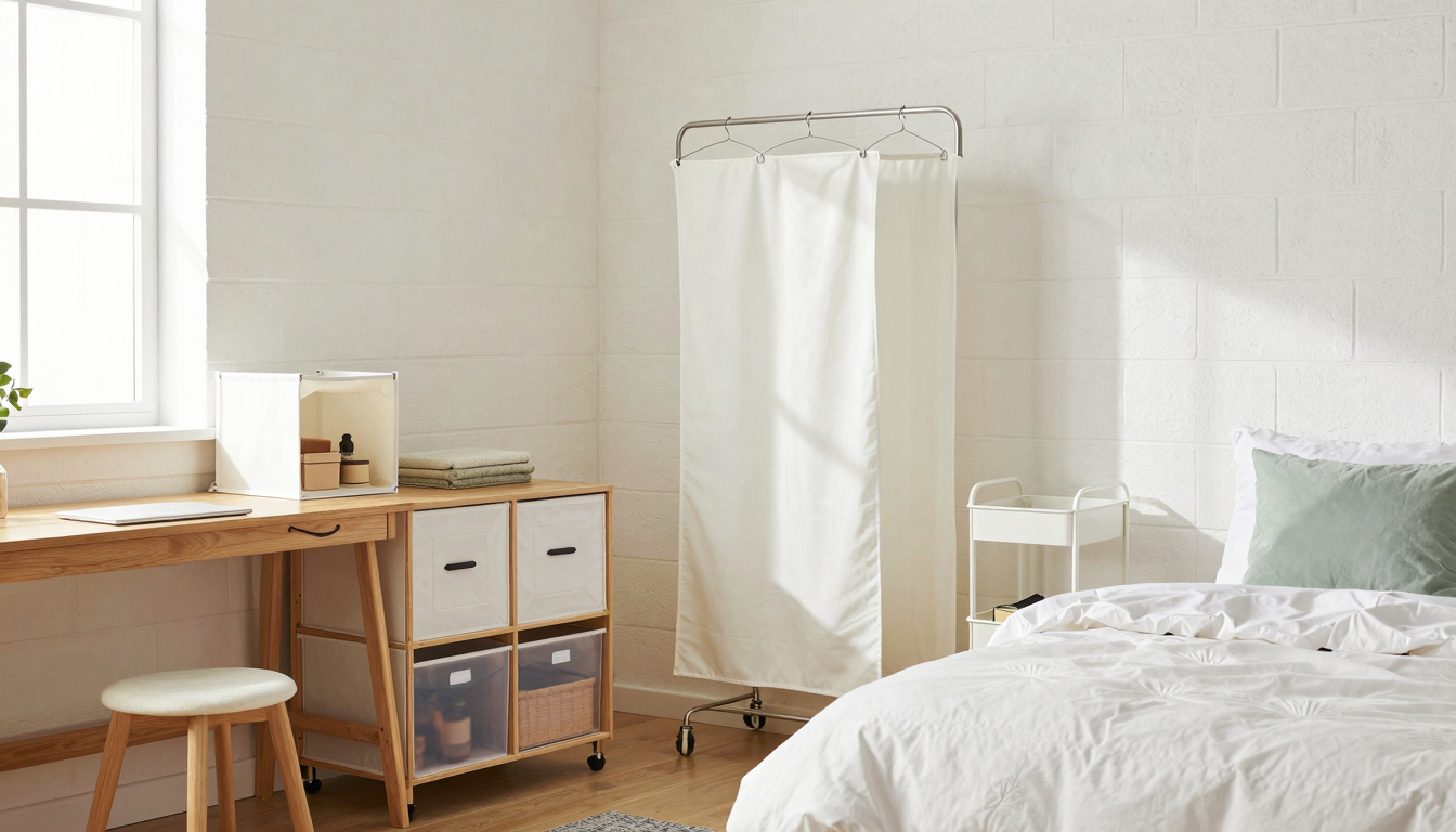 A cozy dorm room with white walls and functional Amazon storage solutions like clear bins, fabric organizers, and a rolling cart.