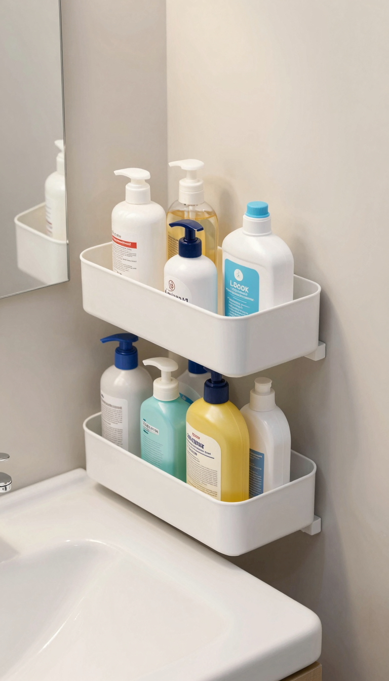 An under-sink organizer in a dorm bathroom, holding shampoo bottles and cleaning supplies.