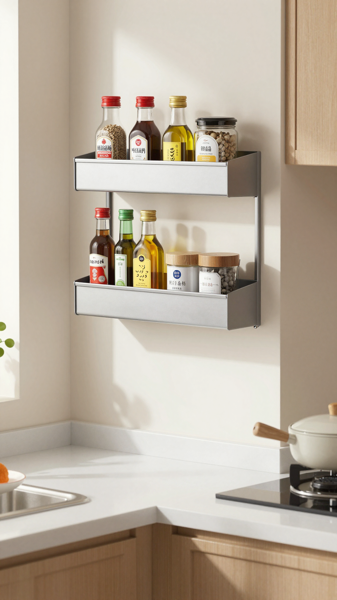 A wall-mounted spice rack in a dorm kitchen, holding spice bottles and cooking oils.
