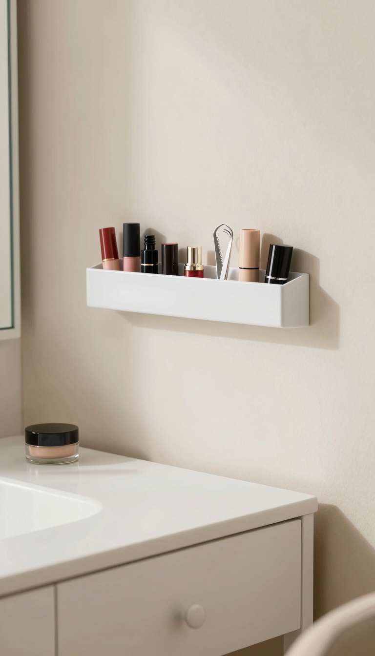 A magnetic strip for makeup stuck to a dorm vanity wall, holding lipsticks and other small essentials.