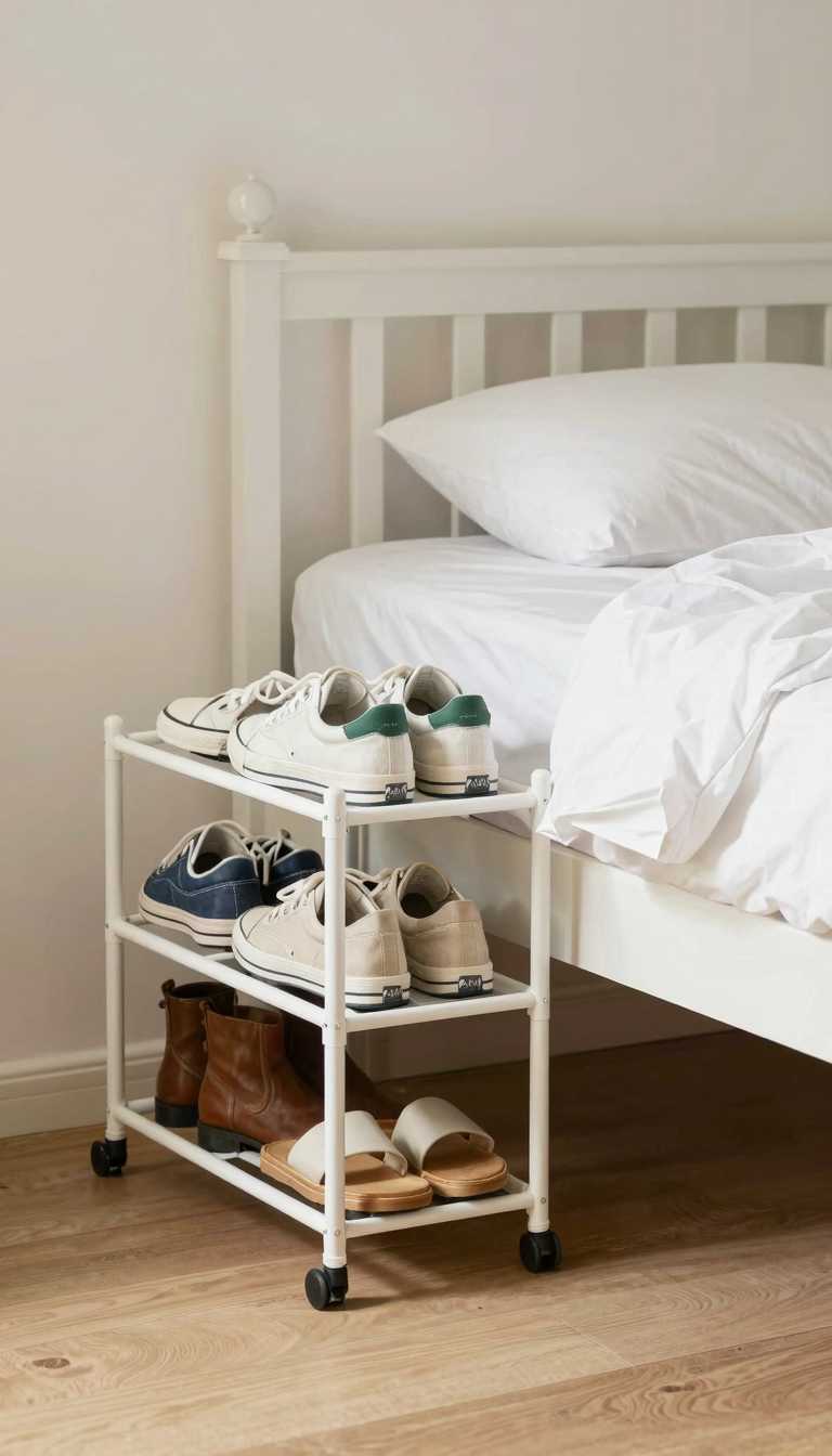 A stackable shoe rack in a dorm room, holding sneakers, boots, and sandals.