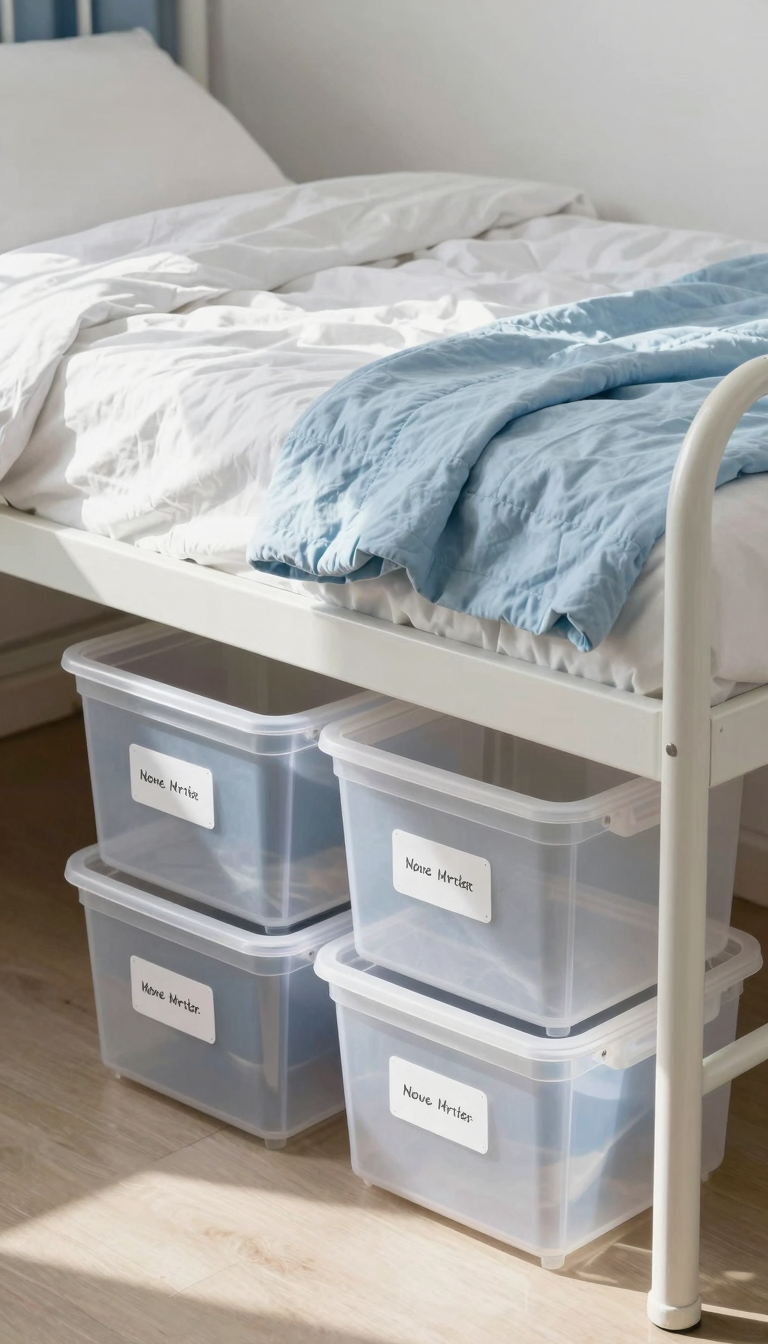 Clear plastic under-bed storage bins neatly arranged under a twin dorm bed with a white duvet.