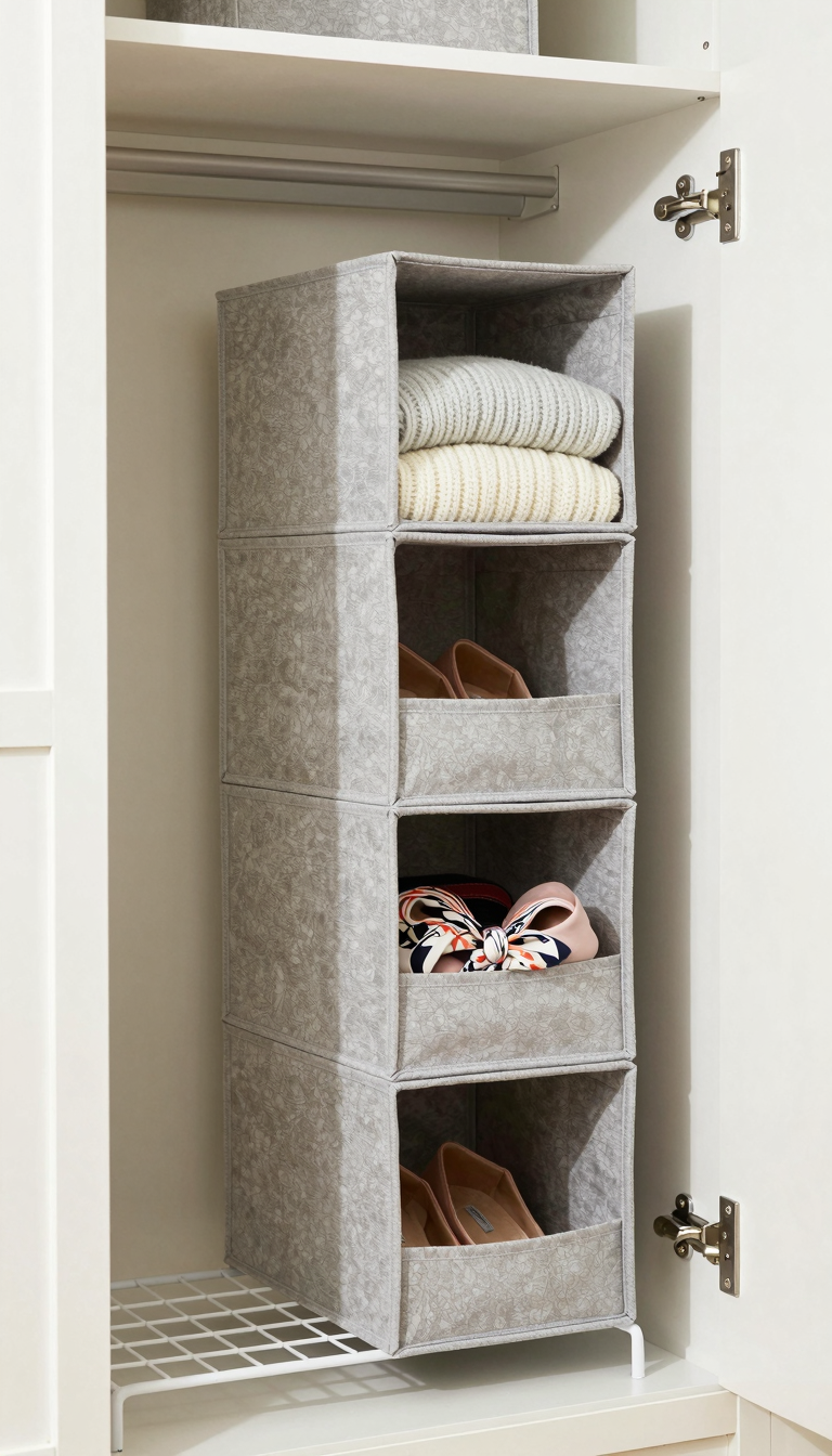 A fabric cube organizer set in a dorm closet, holding folded clothes and shoes.