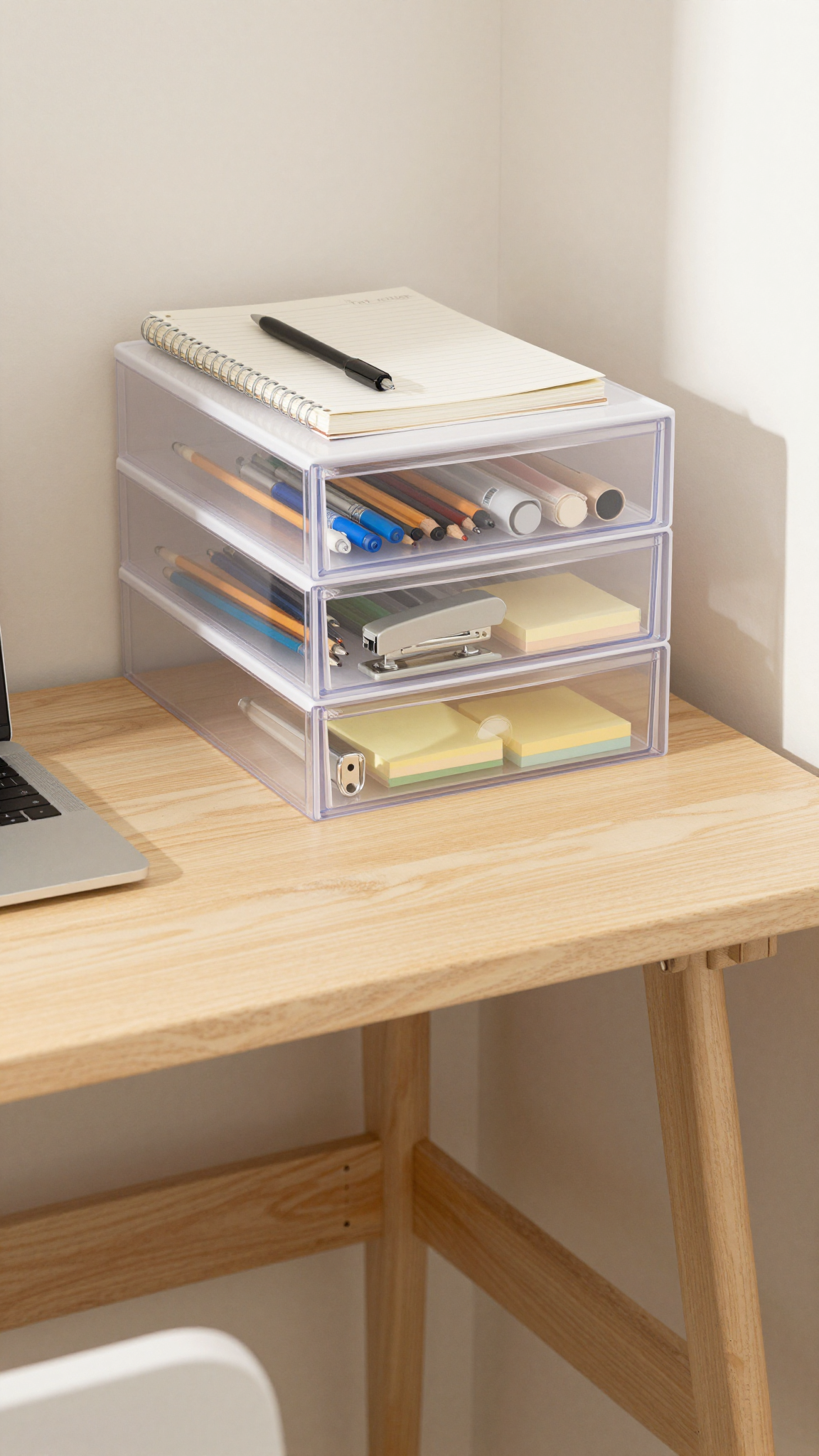 Stackable plastic drawers on a dorm desk, holding notebooks and office supplies.