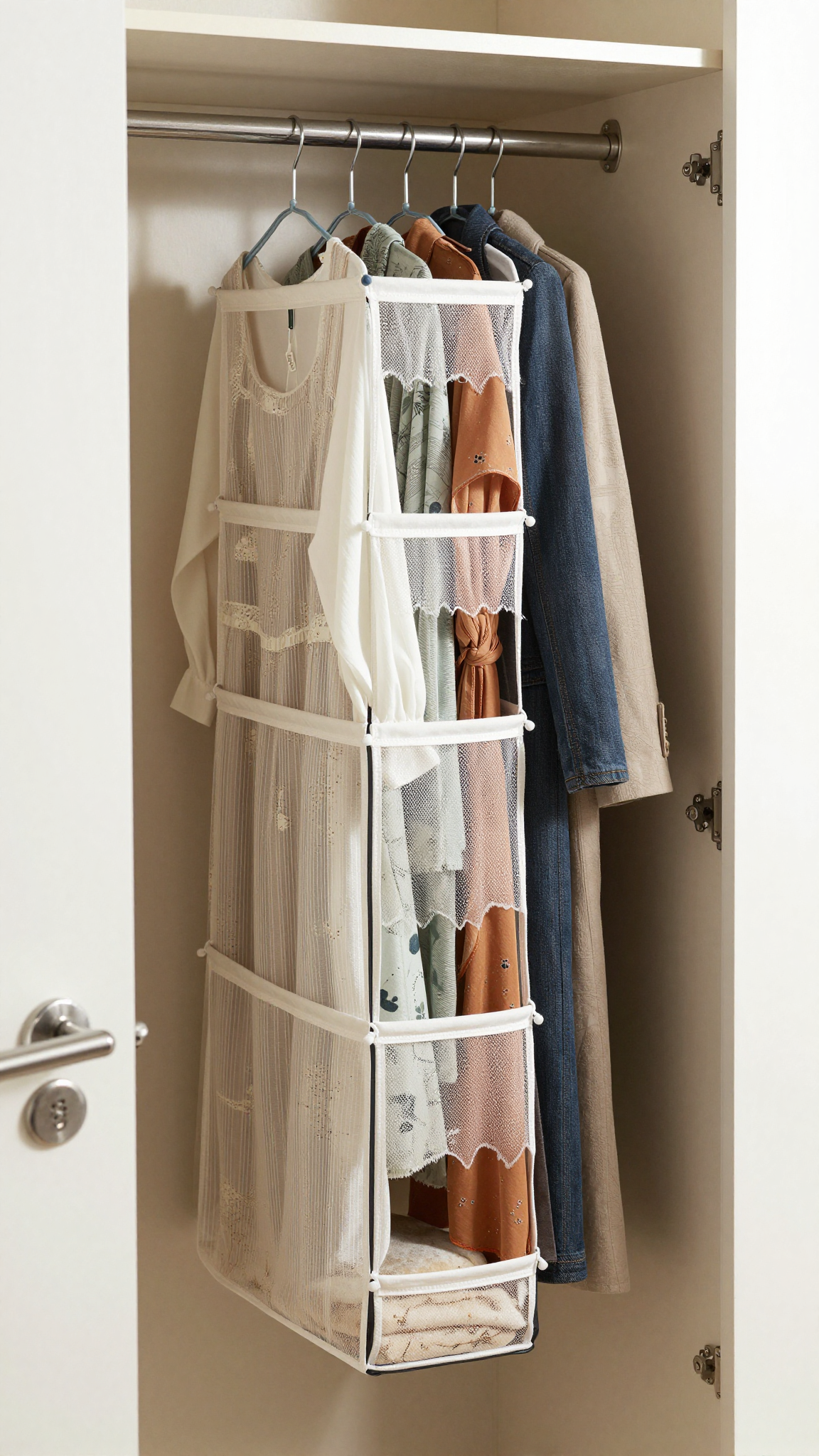 A hanging closet organizer with multiple tiers holding clothes in a small dorm closet.