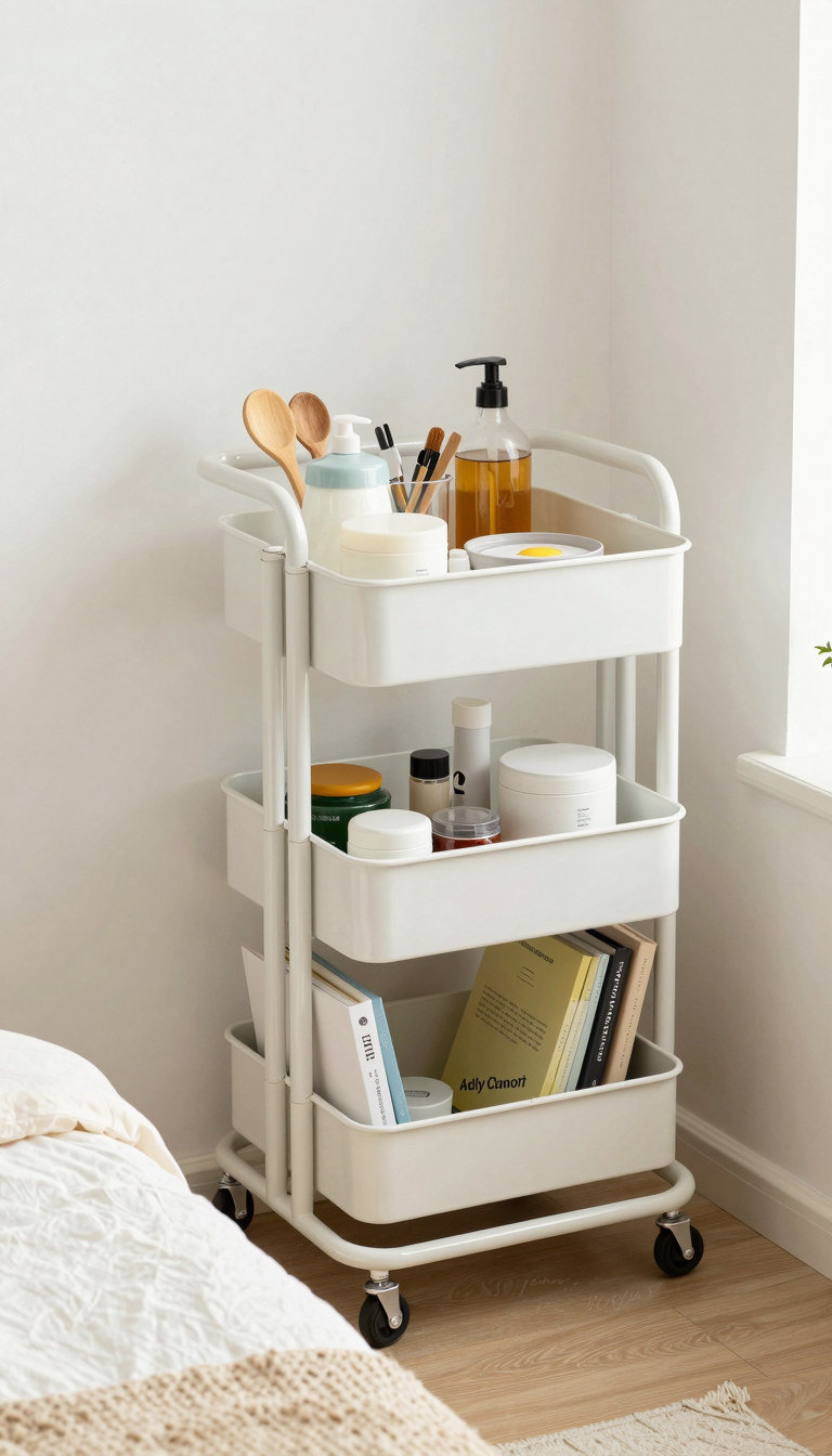 A white rolling cart with three drawers in a small dorm room, holding kitchen supplies and craft materials.