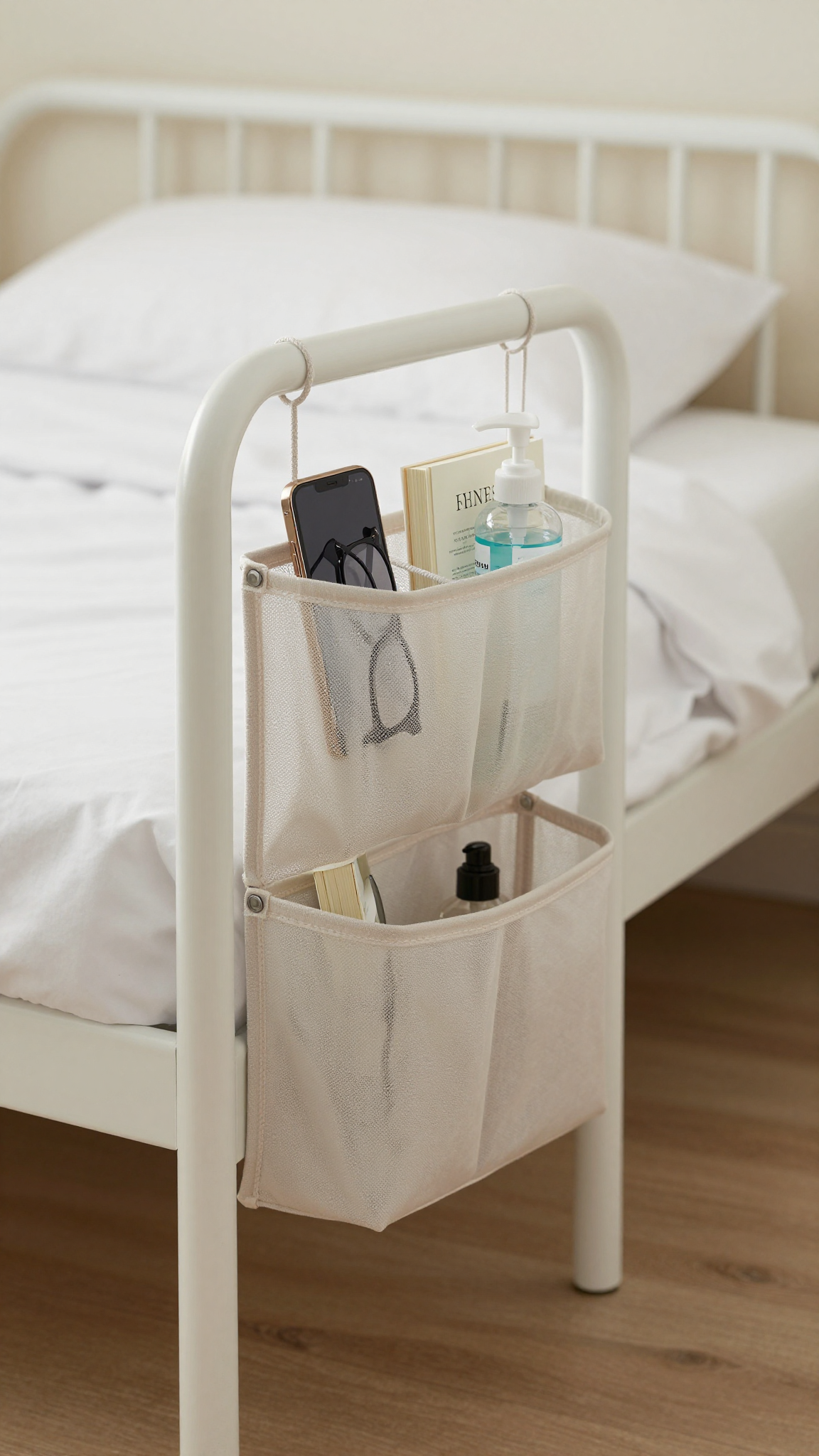 A bedside caddy organizer hanging on a dorm bed frame, holding a phone, glasses, and a book.