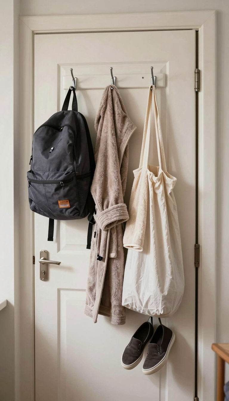 Over-the-door hooks hanging on a dorm room door, holding a backpack, jacket, and other essentials.