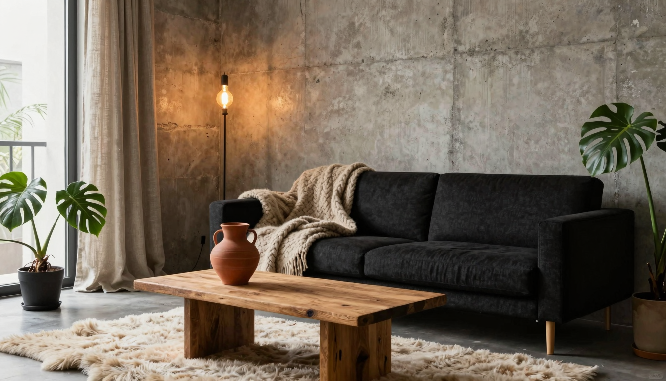 Cozy brutalist living room with warm textures and raw concrete walls