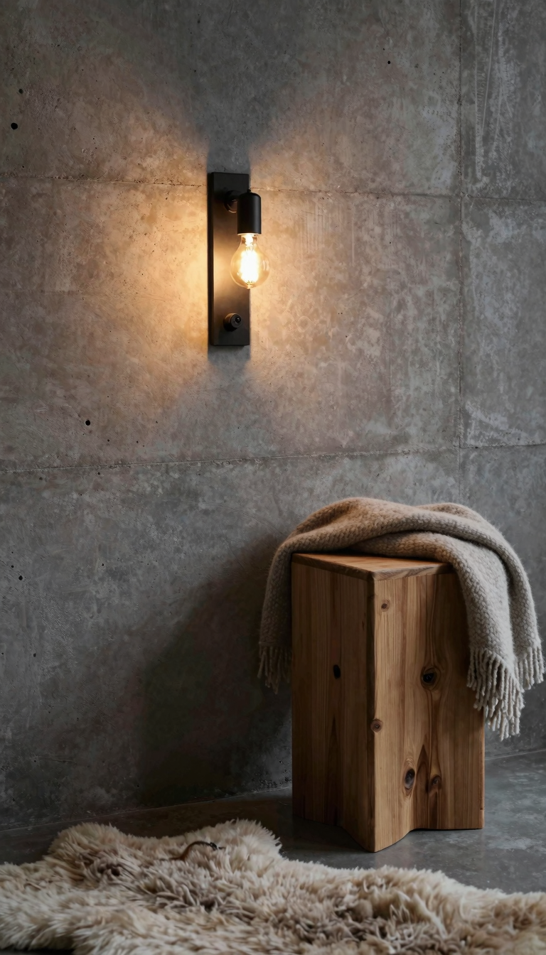 Matte black sconces mounted on a concrete wall next to a raw wood side table
