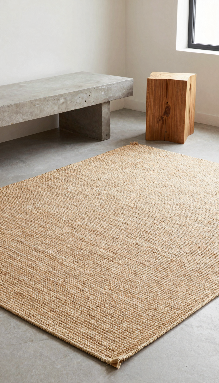 Jute area rug with natural fiber texture in a minimalist room