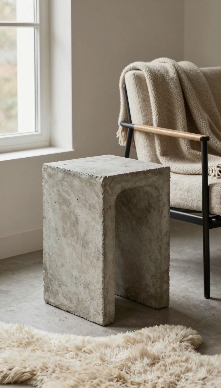 Concrete side table with metal legs in a minimalist living room
